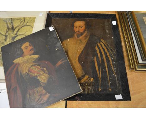 An unframed oil of an Elizabethan man and a framed print.