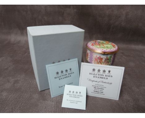 A BOXED LIMITED EDITION HALCYON DAYS ENAMEL 'TO MARK THE 700TH ANNIVERSARY OF THE LEGENDARY SWISS HERO WILLIAM TELL' MUSIC BO