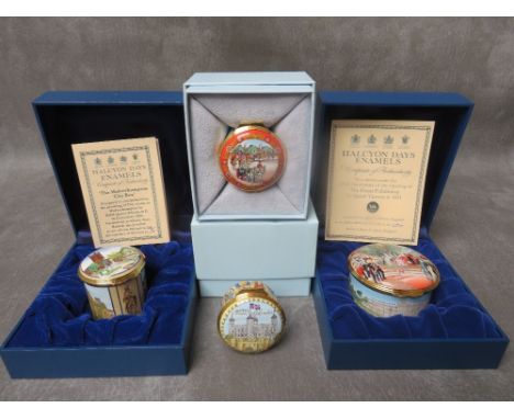 TWO LIMITED EDITION HALCYON DAYS ENAMEL PILL BOXES, comprising 'The Wolverhampton City Box' No. 75 of 250 and '150th Annivers