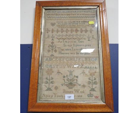 A 19TH CENTURY MAPLE FRAMED SAMPLER BY BETSEY WOOD AGED 9 YEARS APRIL 19 1839, 43 x 25.5 cm