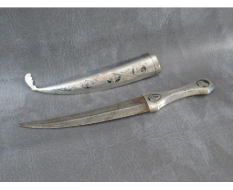 A 19TH CENTURY EASTERN DAGGER, with white metal and enamel sheath and handle, blade L 18 cm, overall L 33 cm