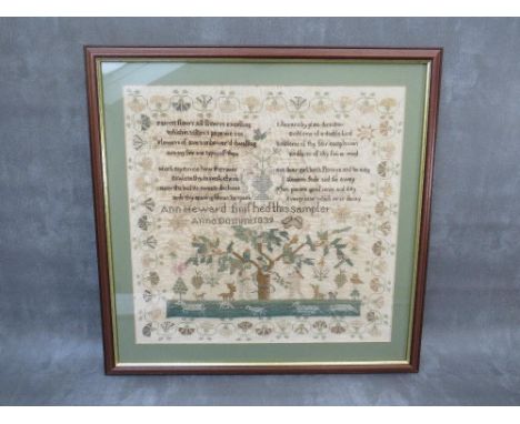 A FRAMED AND GLAZED SAMPLER BY 'ANN HEWARD 1839, 41 x 43 cm