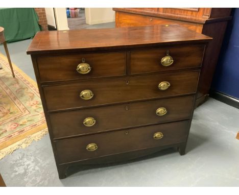 A 19TH CENTURY CHEST OF TWO SHORT ABOVE THREE LONGER GRADUATED DRAWERS, raised on bracket feet, H 103 cm, W 110 cm, D 50 cm