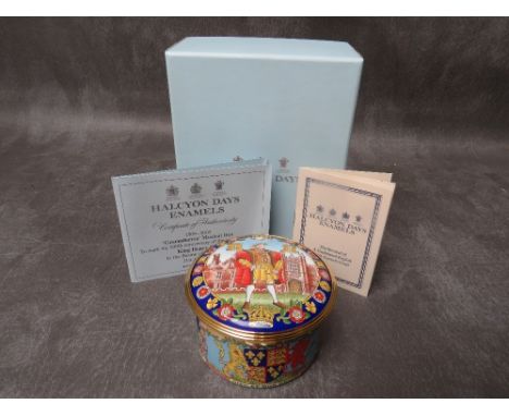 A BOXED HALCYON DAYS LIMITED EDITION ENAMEL ' 500th ANNIVERSARY OF THE ACCESSION TO THE THRONE OF KING HENRY VIII' MUSIC BOX,