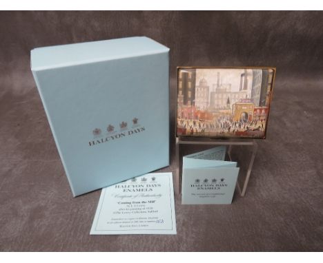 A BOXED LIMITED EDITION HALCYON DAYS  ENAMEL BOX 'COMING FROM THE MILL' L S LOWRY, after his painting of 1930, of rectangular