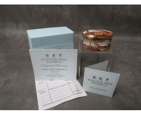 A BOXED HALCYON DAYS ENAMEL 'MUSEUM OF LONDON' MUSIC BOX, 'London from Southwark', inspired by a painting of c1630 Dutch Scho
