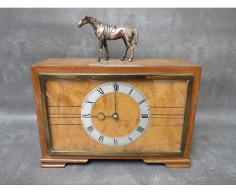 A 20TH CENTURY WALNUT EQUESTRIAN THEMED 8-DAY MANTEL CLOCK, bearing horse surmount and presentation plaque 'To Mrs F Taylor i