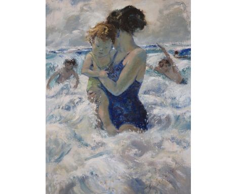 DOROTHY LOCKWOOD (1900-1979). Study of mother and children playing in the surf, signed lower right, oil on board, unframed, 8