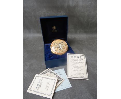 A BOXED LIMITED EDITION HALCYON DAYS ENAMEL 'JOHANN STRAUSS II THE WALTZ KING 1825-1899' MUSIC BOX, the music playing is The 