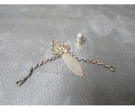 A HALLMARKED SILVER CHATELAINE, together with a hallmarked silver thimble (2)
