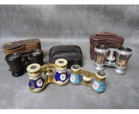 TWO PAIRS OF VINTAGE OPERA GLASSES WITH ENAMEL DECORATION, the smaller pair engraved Duchefse 12 Veries, together with two fu