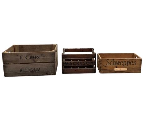 Three vintage wooden advertising crates comprising a rectangular Schweppes example, 47 x 22cm, a Mackeson beer bottle crate, 