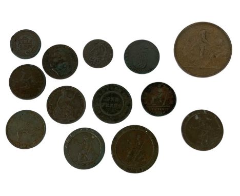 A collection of 19th century and earlier copper and bronze mostly British coins, tokens and medallions including a Battle of 