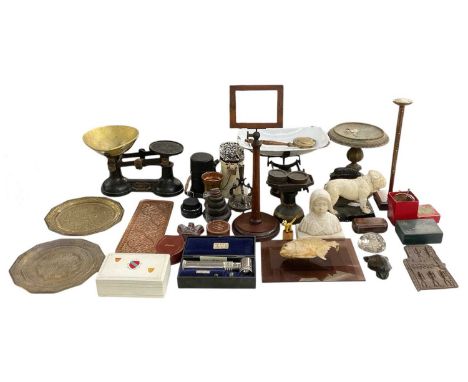 A quantity of collectors' items including standard balance scales, a pair of F J Thornton &amp; Co Ltd Viking scales, microsc
