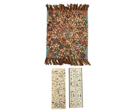 Two early to mid 20th century Chinese embroideries, mounted on rectangular panels, both 50 x 18cm, and a further antique flor