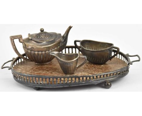 LEVI &amp; SALAMAN; an Edward VII hallmarked silver miniature three piece tea service on oval twin handled tray, Birmingham 1