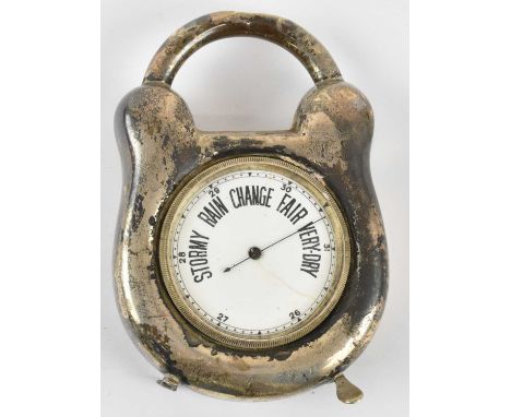 GRAY &amp; CO; an Edward VII hallmarked silver barometer, in padlock form case, London 1905, diameter of barometer 4.5cm, ove