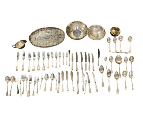 A quantity of silver plated items including oval tray, two circular dishes, bowl, flatware, sauceboat, etc.