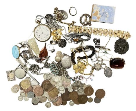 A collection of various vintage and antique costume jewellery including pocket watch, gold coloured bracelet, brooches, silve