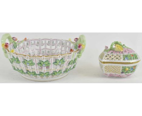 HEREND; a Hungarian hand painted floral decorated and floral encrusted twin handled pierced porcelain bowl, diameter 20cm, an