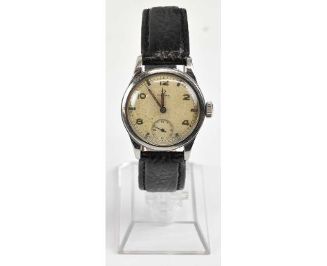 OMEGA; a gentleman's vintage stainless steel wristwatch, the white dial set with numbers at 2, 4, 8, 10 and 12 o'clock, baton