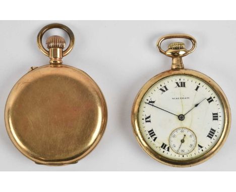WALTHAM; an early 20th century gold plated cased open face pocket watch, the white enamel dial set with Roman numerals and su