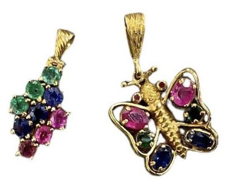A 14ct yellow gold ruby, emerald and sapphire set pendant modelled as a butterfly, approx 1.8 x 1.6cm and a matching sapphire