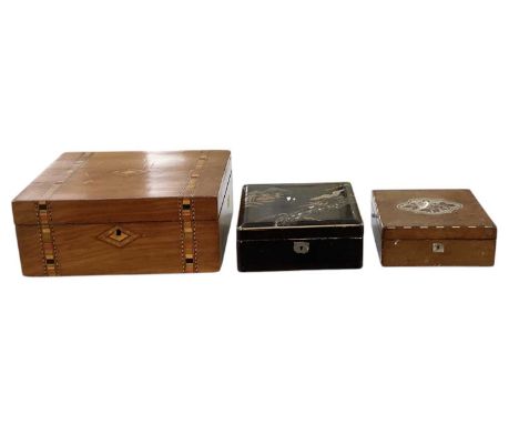 A late 19th century mahogany and inlaid writing slope (lacking interior), 30 x 22cm, a Japanese black lacquered jewellery box