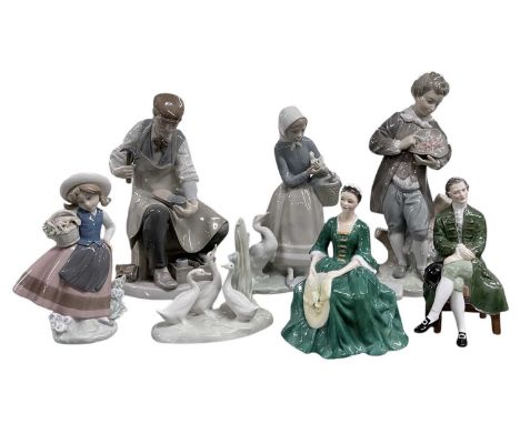 LLADRÓ; five ceramic figures comprising young girl with geese, height 23cm, young girl with flowers, height 16cm, geese, youn