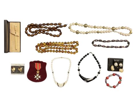 A small quantity of costume jewellery including two amber bead effect necklaces, further coloured glass bead necklaces, pair 