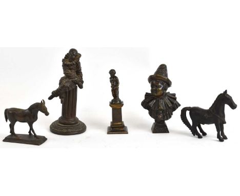 A group of five early 20th century and later bronzes, including a clown sitting on a fluted column base, height 20cm, standin
