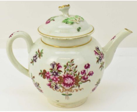 WORCESTER; a first period circa 1780 globular teapot with domed lid, flower finial and applied leaves, the lid and body paint