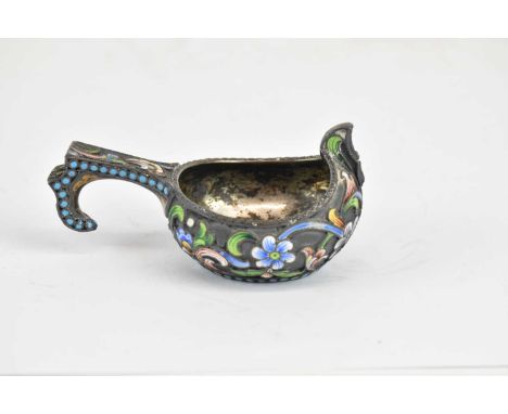 MARIA SEMENOVA; a Russian 84 grade silver floral enamelled kovsh, Moscow circa 1890, length 8cm, approx 1.6ozt/50g.