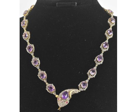A yellow metal amethyst and diamond set prong link necklace modelled as a snake, set with twenty-one oval cut amethysts, tota