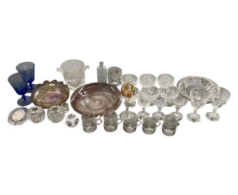 A quantity of sundry glassware, including a set of five stainless steel mounted Iittala coffee cups, pair of Orrefors vases, 