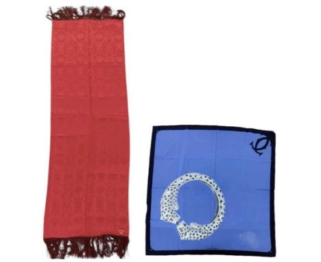SHANGHAI TANG; a Chinese silk scarf, with floral decoration and red tassels, 206 x 68.5cm and a Must De Cartier vintage silk 
