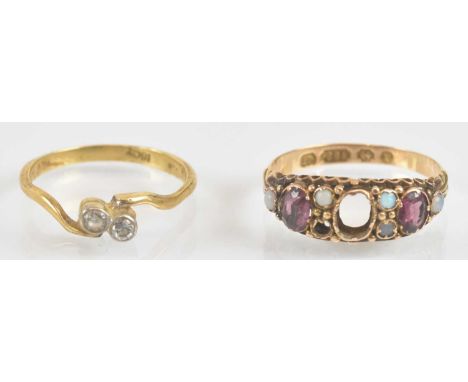 An 18ct gold diamond ring with two tiny bezel set stones in a crossover mount, size M, approx 2g, and a Victorian 15ct gold r