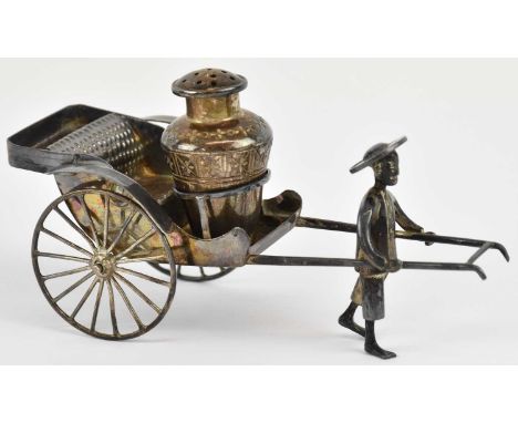 A Chinese Export silver cayenne pepper shaker, the base modelled as a rice farmer pulling a cart, length 10.5cm, height 5cm, 