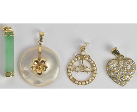 Standard VAT Two 14ct yellow gold mounted pendants, one set with a jade coloured cylindrical plaque, the other with a mother 