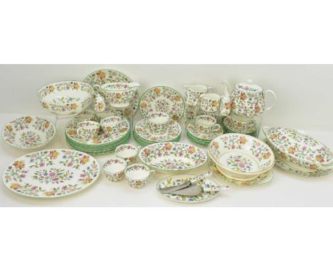 MINTON; a fifty-eight piece dinner and tea service in the 'Haddon Hall' pattern, comprising dinner plates, diameter 27cm, tea