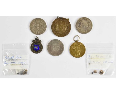 Various medals and prize fobs including a Liverpool Shipping Football League 2nd Division Runners Up silver prize fob, with t