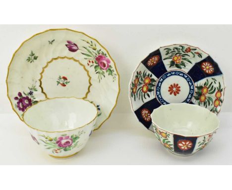 WORCESTER; two 18th century tea bowls and saucers, one example with white and blue floral panels with fluted sides, height of