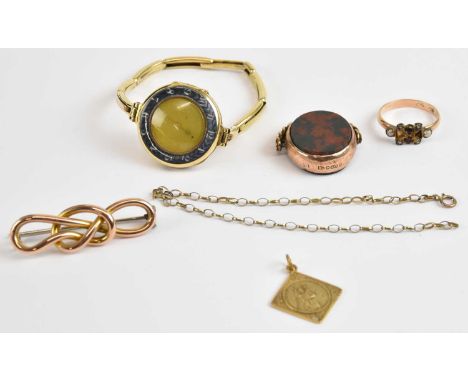 A group of six various items of jewellery comprising a 9ct gold St Christopher pendant, approx 1.96g, a 9ct gold belcher link