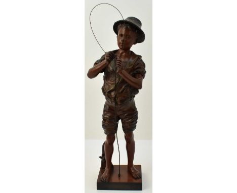 ADOLPHE JEAN LAVERGNE (French, 1852-1901); a large patinated bronze figure, 'Pecheur', depicting a young boy fixing his fishi