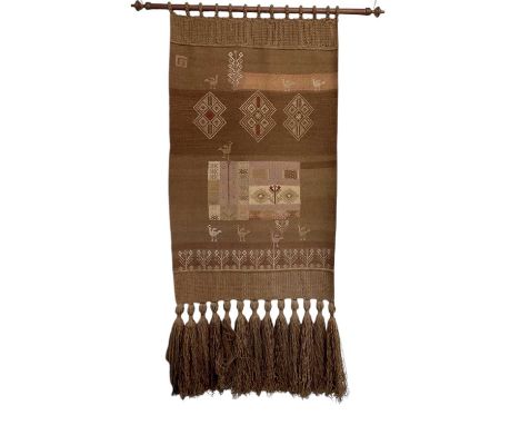 An early to mid 20th century Cretan wall woven tapestry with long tassels, decorated with geometric designs and birds, suspen