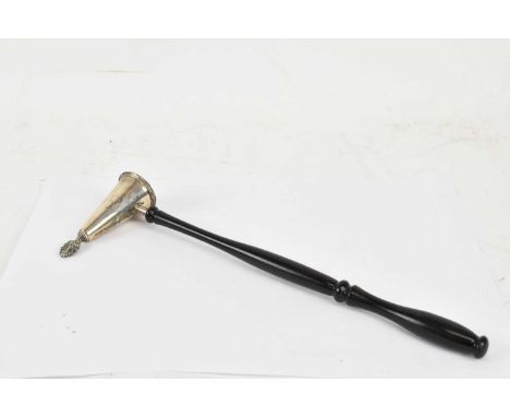 A candle snuffer with hallmarked silver cone and flame finial, on turned wooden handle, height of snuffer 7.5cm, diameter 3cm