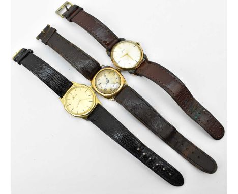 Three vintage gentleman's wristwatches including a 1930s 9ct gold cased example, the engine turned silvered dial set with Ara