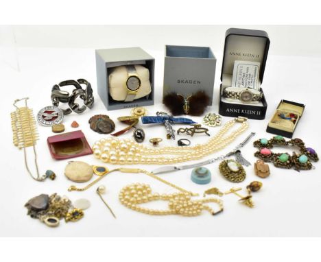 A collection of various items of vintage and modern costume jewellery including a Coca Cola (15 Celebration) yellow metal lap