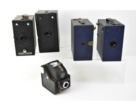 ENSIGN; five vintage cameras comprising three E29 models, one black and two with blue bodies, a black J-B model and a black F