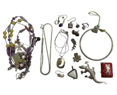 A small quantity of 925 hallmarked silver and white metal costume jewellery, including red enamelled Danish silver brooch, wh